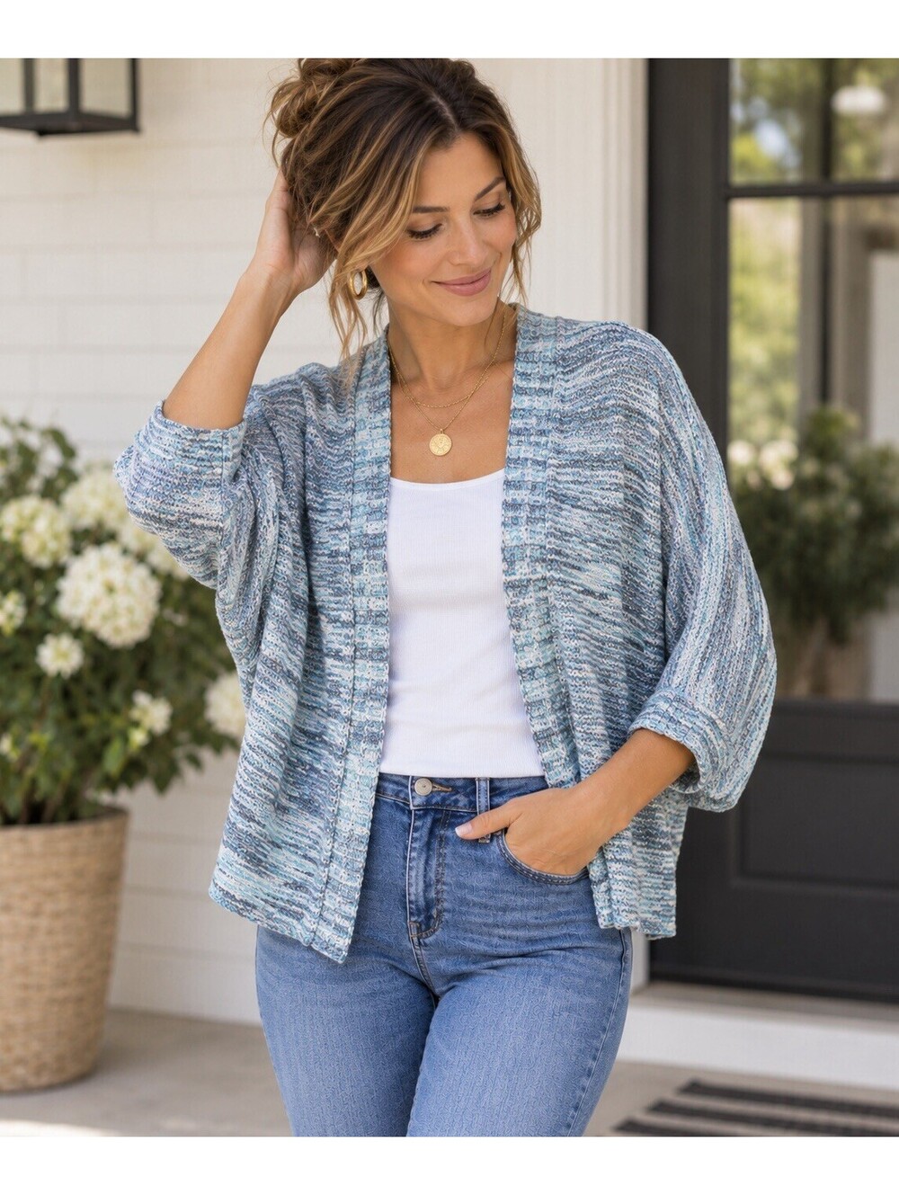 Free For Humanity Cardigan Aqua Space Dye Knit Dolman NWT Madein Italy OS